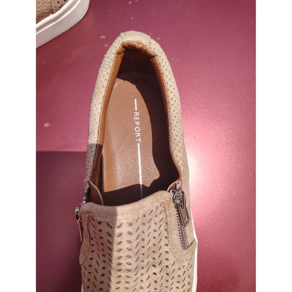 Report Womens Tan Perforated Faux Suede Slip On Sneakers Size 7 Dual Zipper Flat